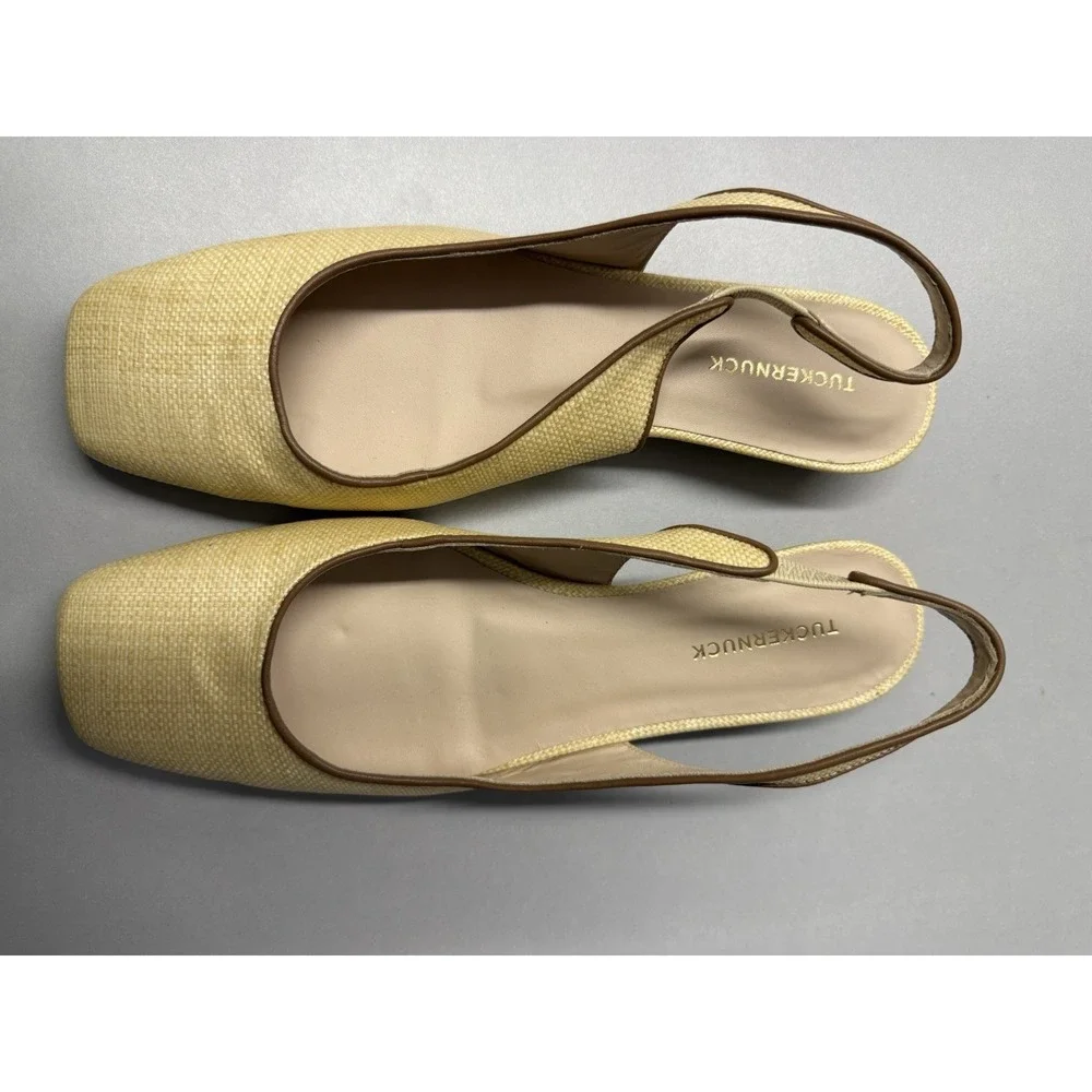 Tuckernuck Liv raffia slingback flats with brown contrast trim. Sz 9B